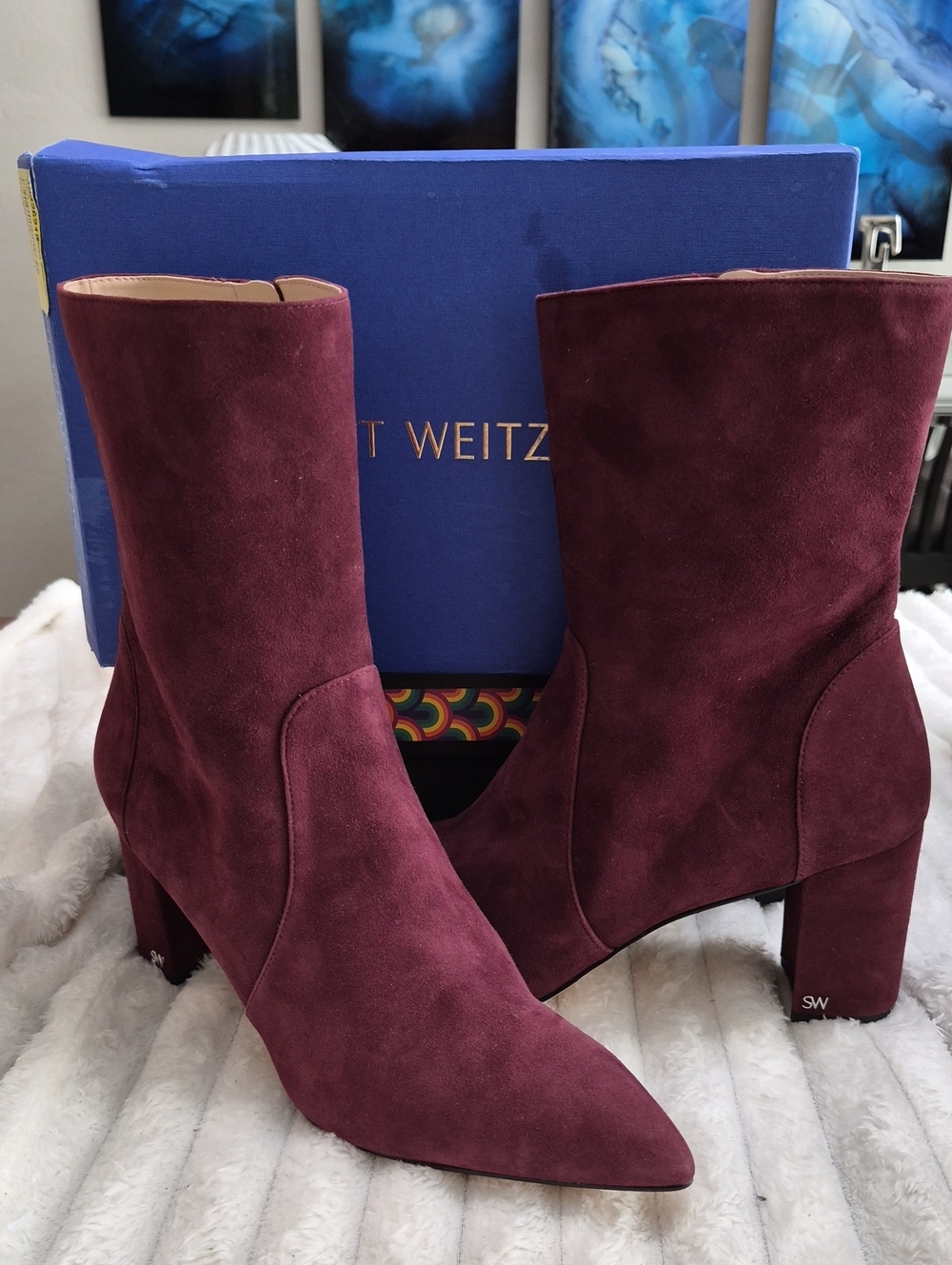 Stuart Weitzman RNGDE ZP 75 Block Bootie in Cabernet Suede Women's Sz 12 M $590